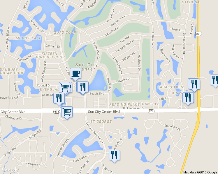 map of restaurants, bars, coffee shops, grocery stores, and more near 908 Augusta Drive in Sun City Center