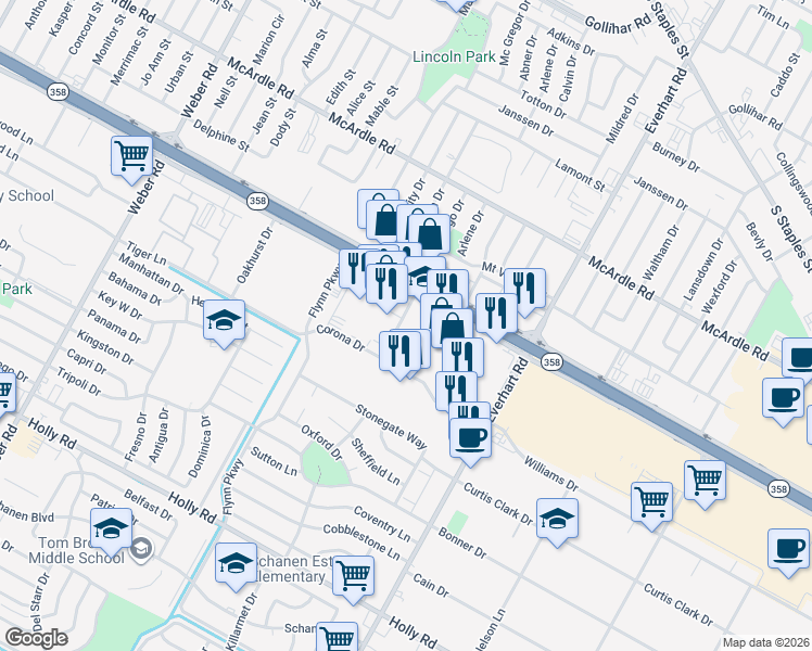 map of restaurants, bars, coffee shops, grocery stores, and more near 5117 Embassy Drive in Corpus Christi