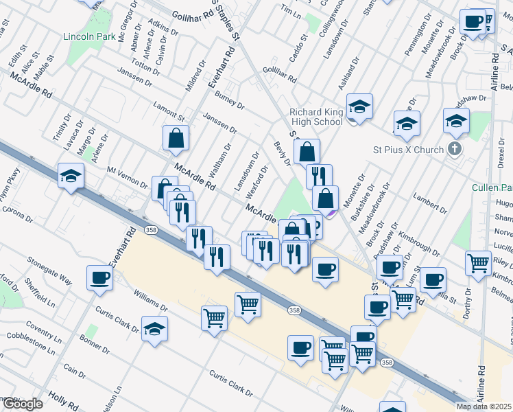 map of restaurants, bars, coffee shops, grocery stores, and more near 4829 Andover Drive in Corpus Christi