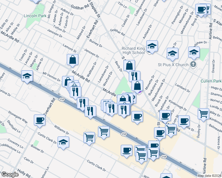 map of restaurants, bars, coffee shops, grocery stores, and more near 4829 Andover Drive in Corpus Christi