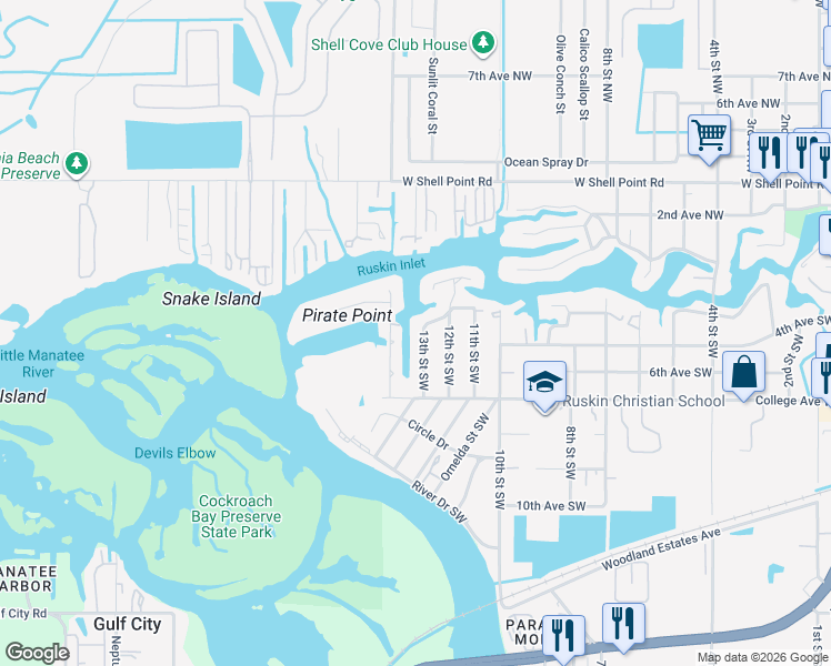 map of restaurants, bars, coffee shops, grocery stores, and more near 301 13th Street Northwest in Ruskin
