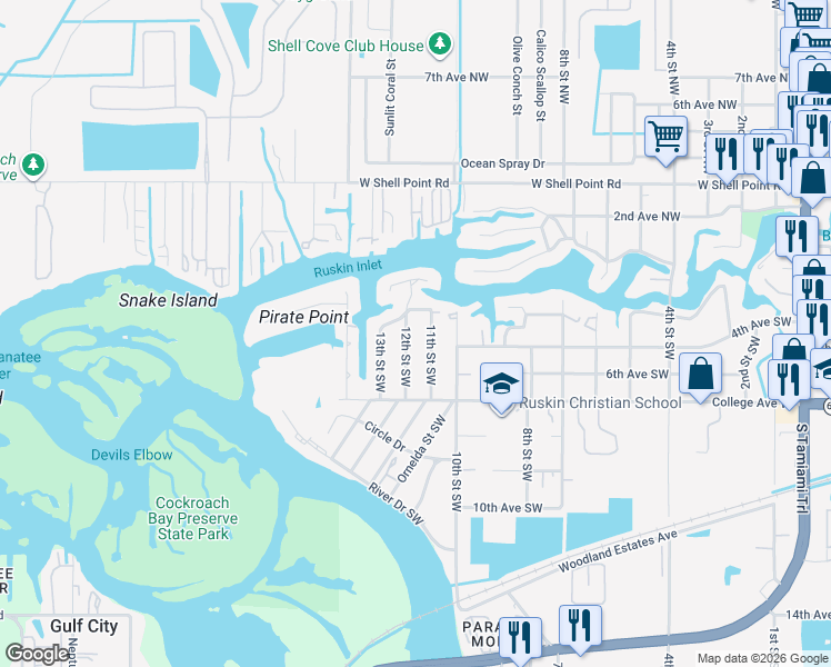map of restaurants, bars, coffee shops, grocery stores, and more near 308 12th Street Southwest in Ruskin