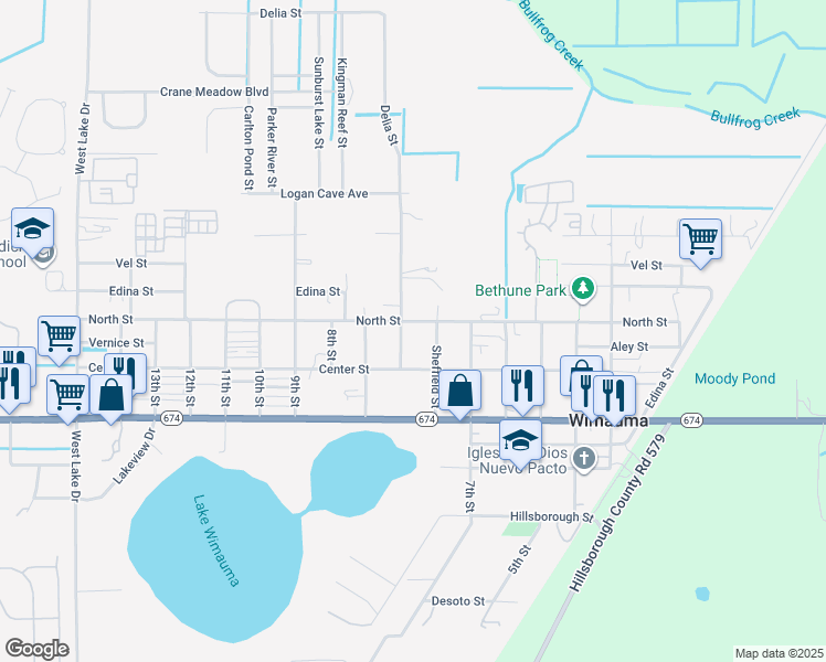 map of restaurants, bars, coffee shops, grocery stores, and more near 402 Delia Street in Wimauma