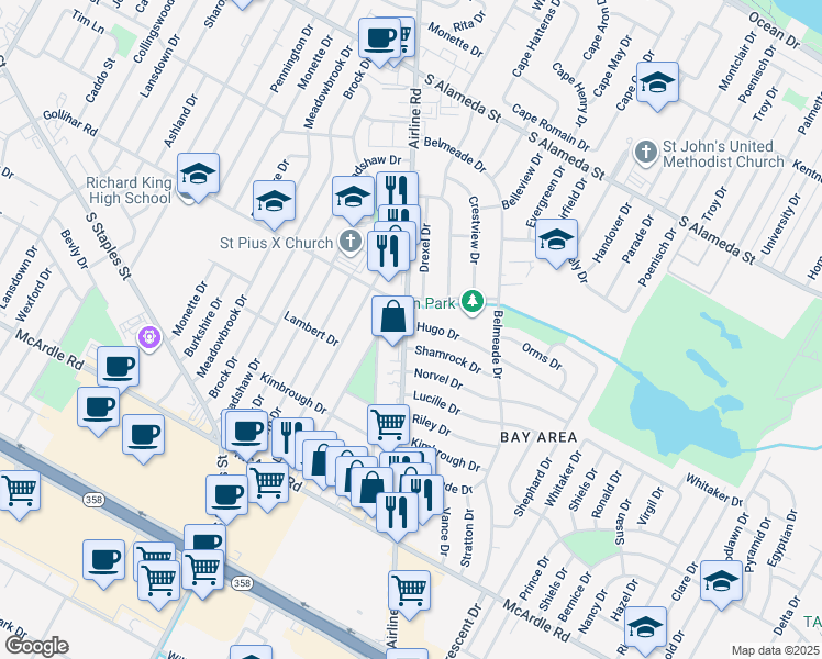 map of restaurants, bars, coffee shops, grocery stores, and more near 5801 Hugo Drive in Corpus Christi