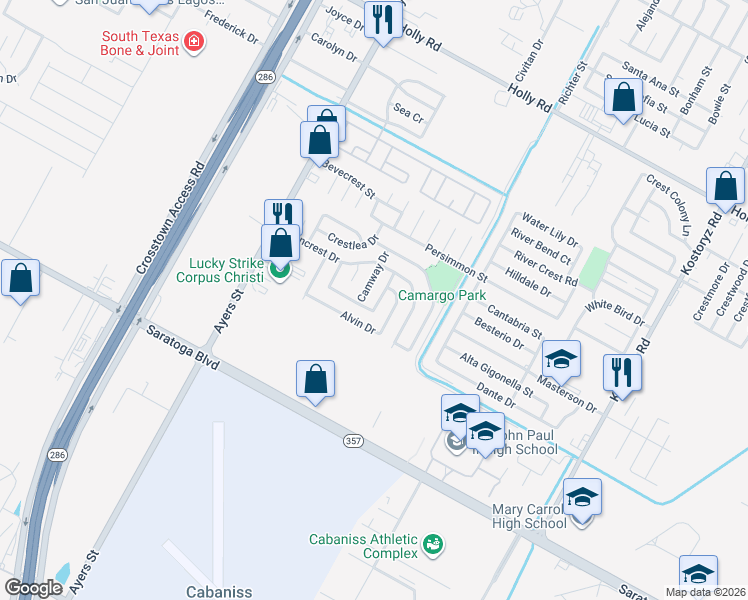 map of restaurants, bars, coffee shops, grocery stores, and more near 6141 Callaway Drive in Corpus Christi