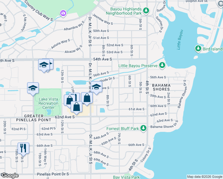 map of restaurants, bars, coffee shops, grocery stores, and more near 5837 8th Street South in St. Petersburg