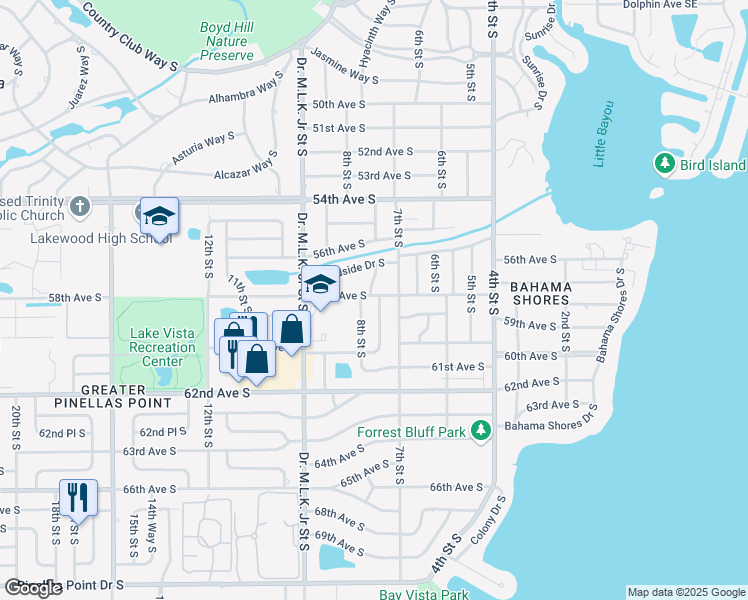 map of restaurants, bars, coffee shops, grocery stores, and more near 5801 Grove Street South in Saint Petersburg