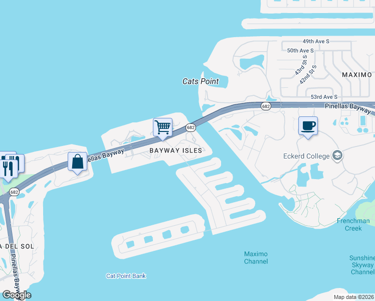 map of restaurants, bars, coffee shops, grocery stores, and more near 5650 Leeland Street South in St. Petersburg