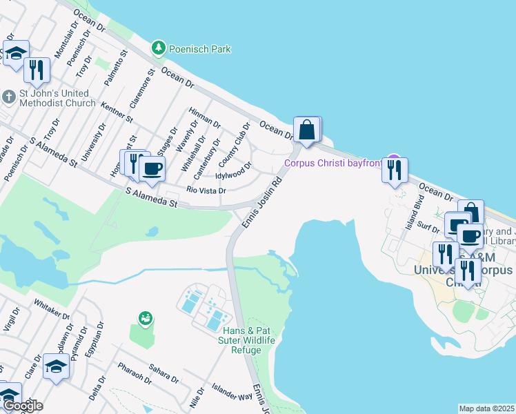 map of restaurants, bars, coffee shops, grocery stores, and more near Ennis Joslin Rd & S Alameda St in Corpus Christi