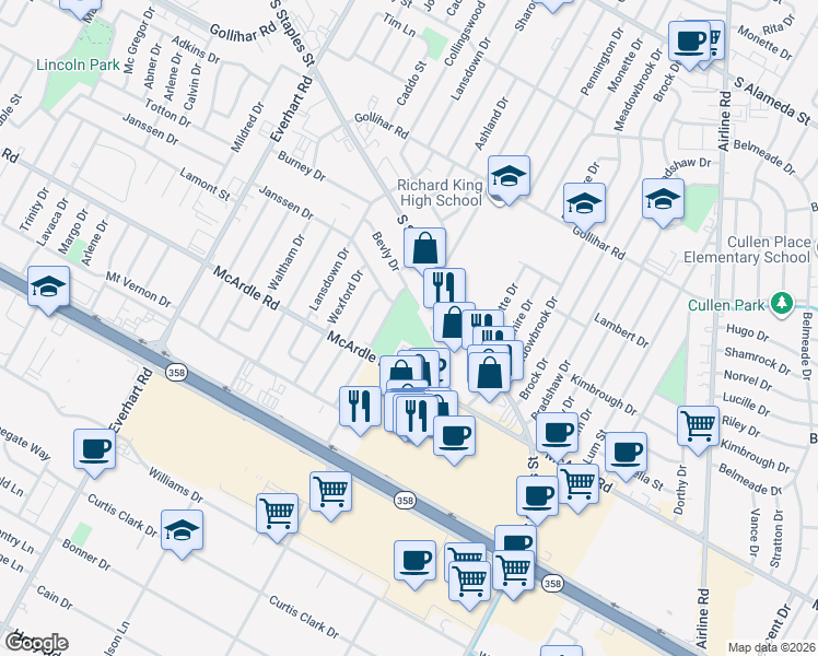 map of restaurants, bars, coffee shops, grocery stores, and more near 4806 Holmes Drive in Corpus Christi