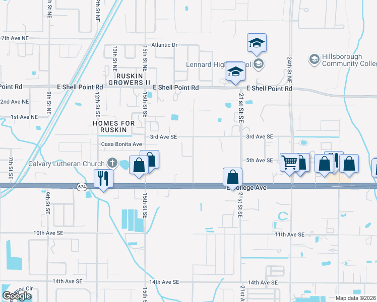 map of restaurants, bars, coffee shops, grocery stores, and more near 1621 3rd Avenue Southeast in Ruskin