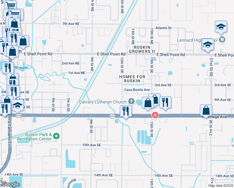map of restaurants, bars, coffee shops, grocery stores, and more near 1201 Casa Bonita Avenue in Ruskin
