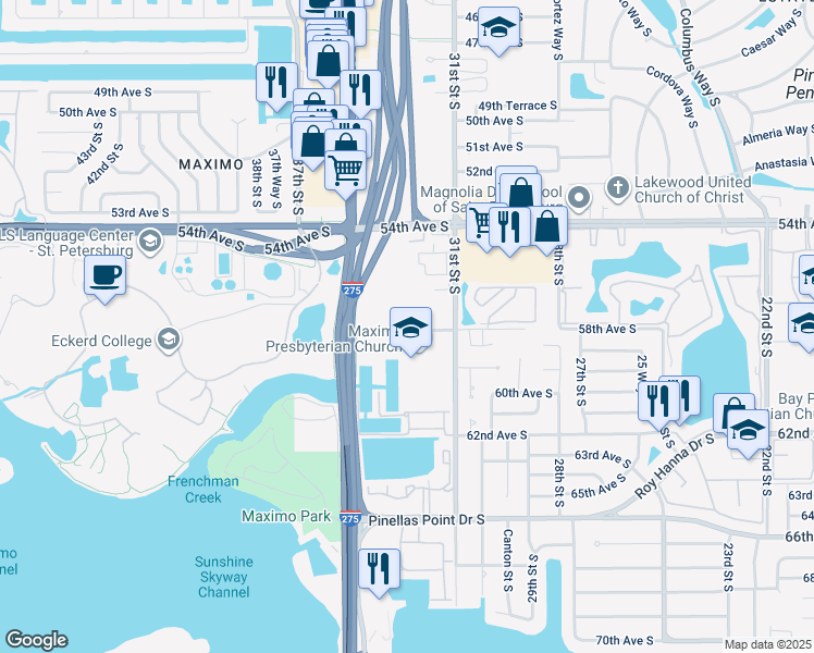 map of restaurants, bars, coffee shops, grocery stores, and more near 3351 58th Avenue South in St. Petersburg