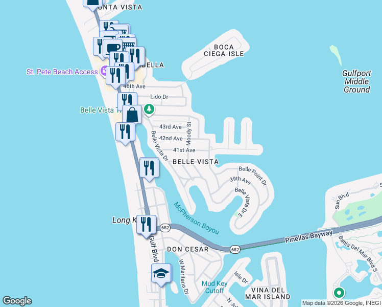 map of restaurants, bars, coffee shops, grocery stores, and more near 301 41st Avenue in Saint Pete Beach