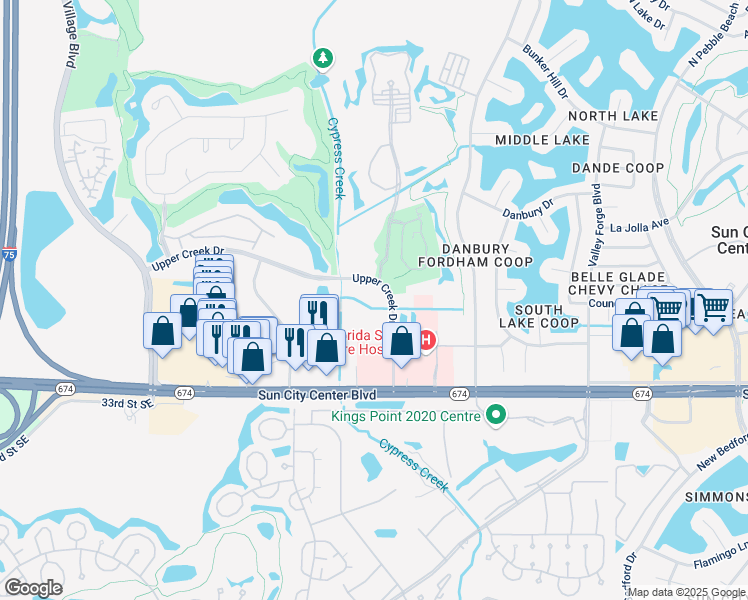 map of restaurants, bars, coffee shops, grocery stores, and more near 3910 Galen Court in Sun City Center