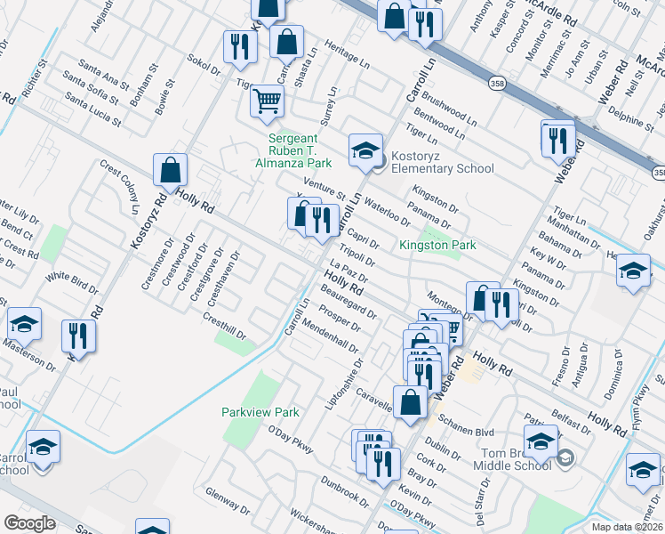 map of restaurants, bars, coffee shops, grocery stores, and more near 3602 Beauregard Drive in Corpus Christi