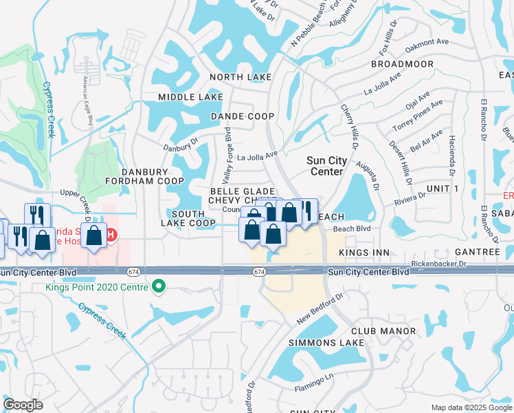 map of restaurants, bars, coffee shops, grocery stores, and more near 1529 Council Drive in Sun City Center