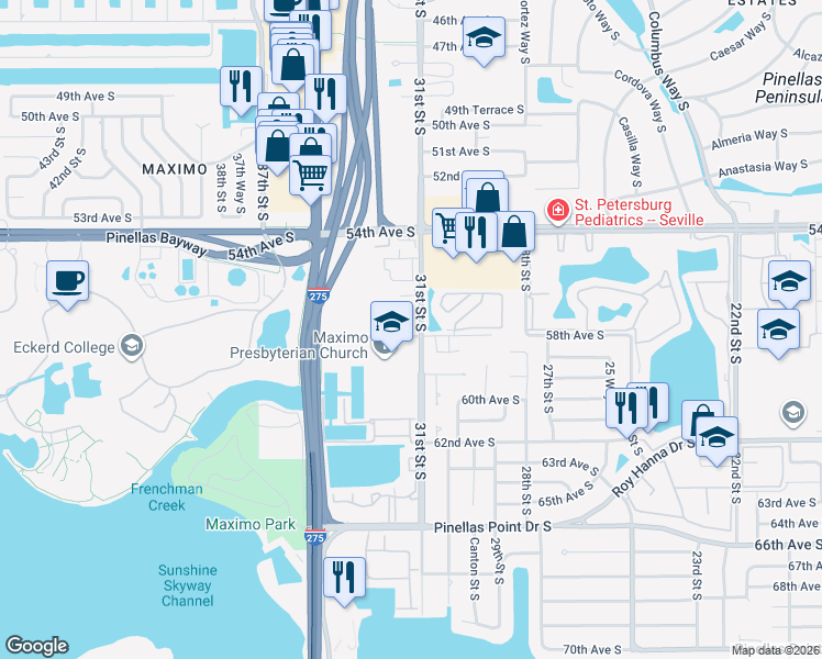 map of restaurants, bars, coffee shops, grocery stores, and more near 5695 31st Street South in St. Petersburg