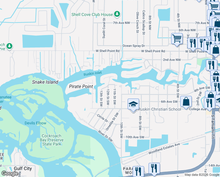 map of restaurants, bars, coffee shops, grocery stores, and more near 308 12th Street Southwest in Ruskin