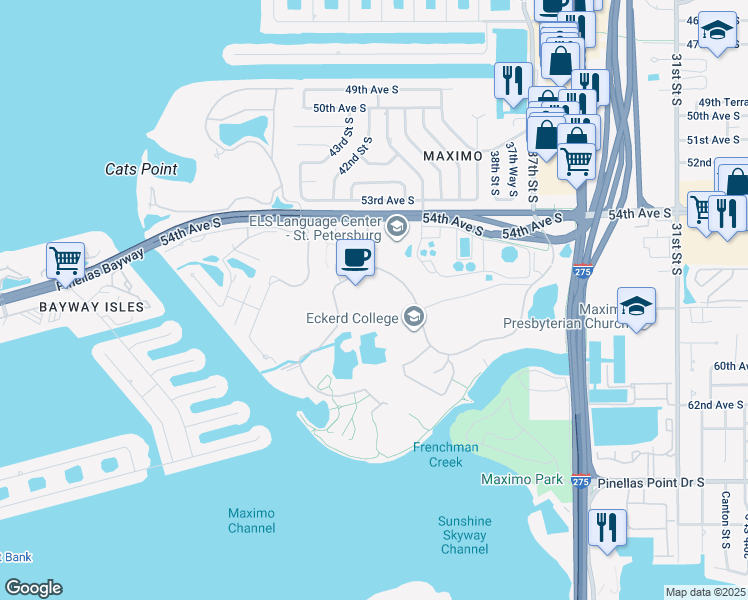 map of restaurants, bars, coffee shops, grocery stores, and more near 4200 54th Avenue South in Saint Petersburg