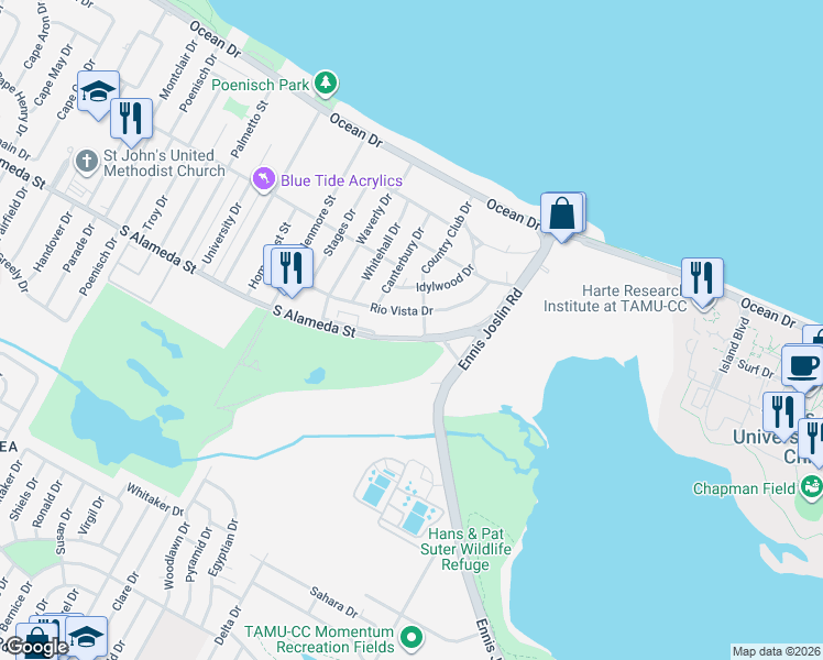 map of restaurants, bars, coffee shops, grocery stores, and more near in Corpus Christi