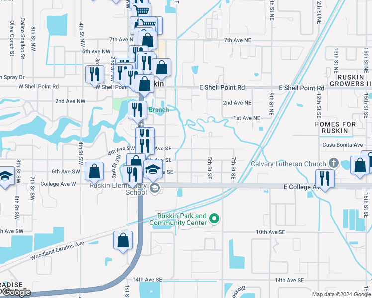 map of restaurants, bars, coffee shops, grocery stores, and more near 308 4th Avenue Southeast in Ruskin
