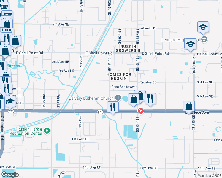 map of restaurants, bars, coffee shops, grocery stores, and more near 1201 Casa Bonita Avenue in Ruskin