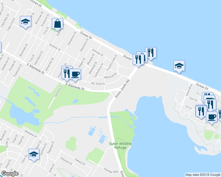 map of restaurants, bars, coffee shops, grocery stores, and more near 6018 South Alameda Street in Corpus Christi