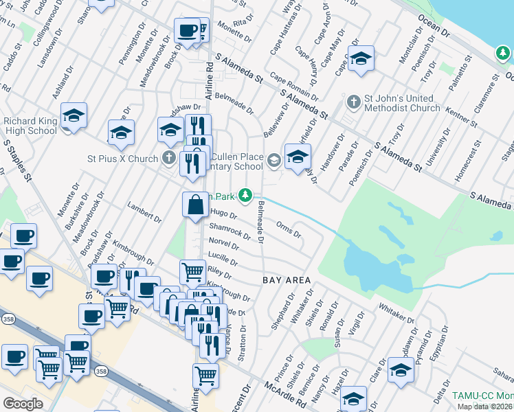 map of restaurants, bars, coffee shops, grocery stores, and more near 910 Airline Road in Corpus Christi