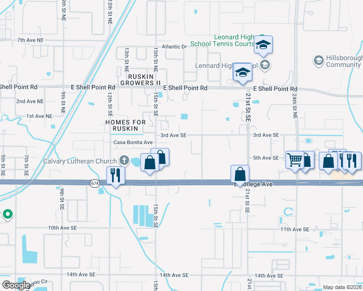 map of restaurants, bars, coffee shops, grocery stores, and more near 1613 3rd Avenue Southeast in Ruskin