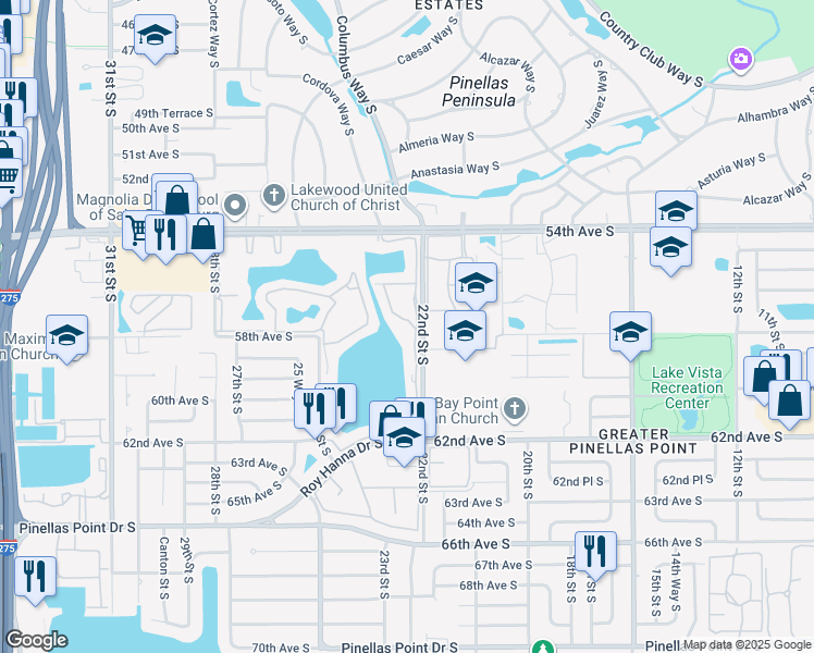 map of restaurants, bars, coffee shops, grocery stores, and more near 5800 Lynn Lake Drive South in St. Petersburg