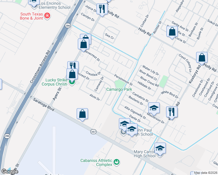 map of restaurants, bars, coffee shops, grocery stores, and more near 2846 Alvin Drive in Corpus Christi