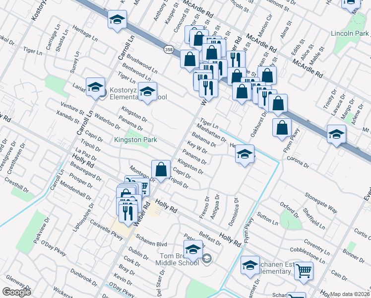 map of restaurants, bars, coffee shops, grocery stores, and more near 4017 Panama Drive in Corpus Christi