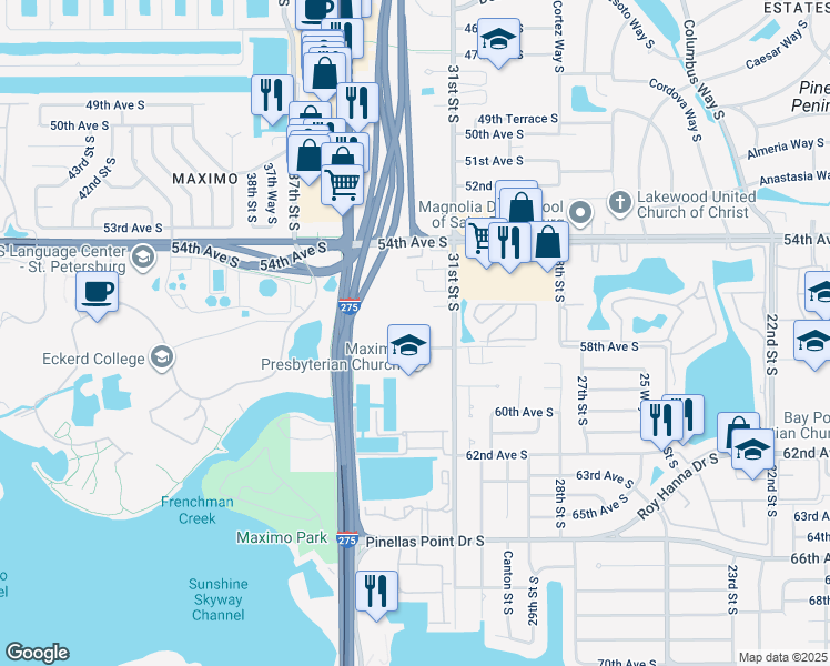 map of restaurants, bars, coffee shops, grocery stores, and more near 3351 58th Avenue South in St. Petersburg