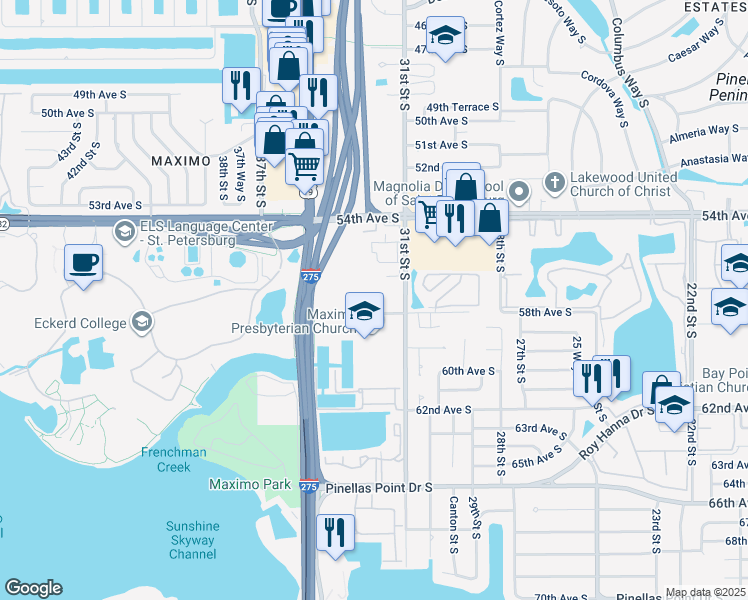 map of restaurants, bars, coffee shops, grocery stores, and more near 3351 58th Avenue South in St. Petersburg