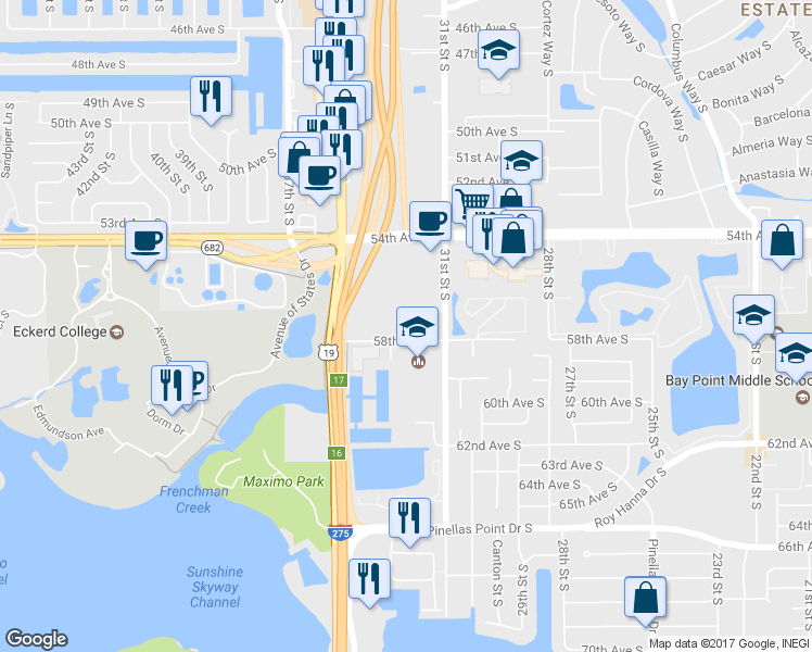 map of restaurants, bars, coffee shops, grocery stores, and more near 3351 58th Avenue South in St. Petersburg
