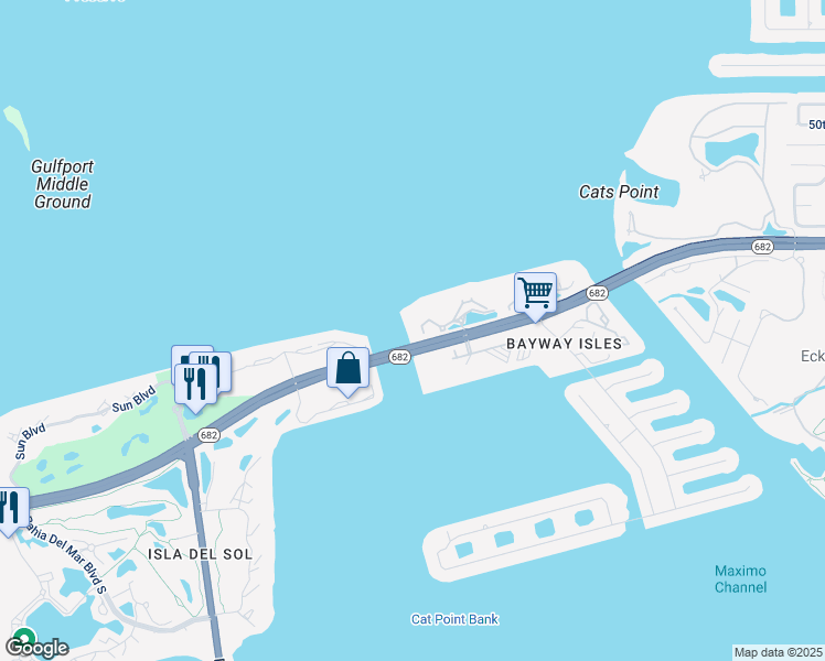 map of restaurants, bars, coffee shops, grocery stores, and more near 5331 State Highway 679 in St. Petersburg