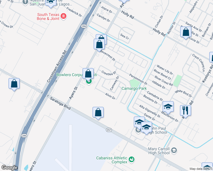 map of restaurants, bars, coffee shops, grocery stores, and more near 2626 Alvin Drive in Corpus Christi