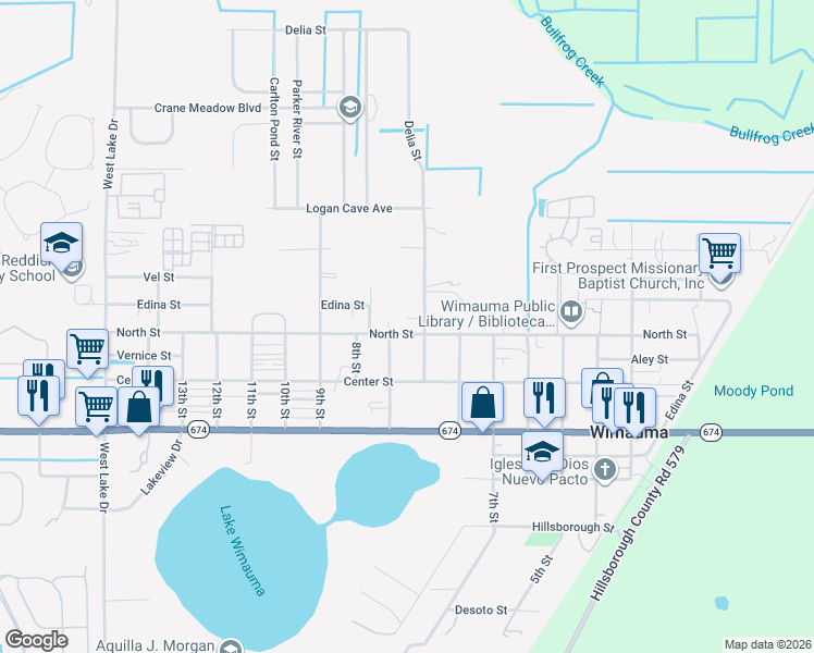 map of restaurants, bars, coffee shops, grocery stores, and more near 402 Delia Street in Wimauma