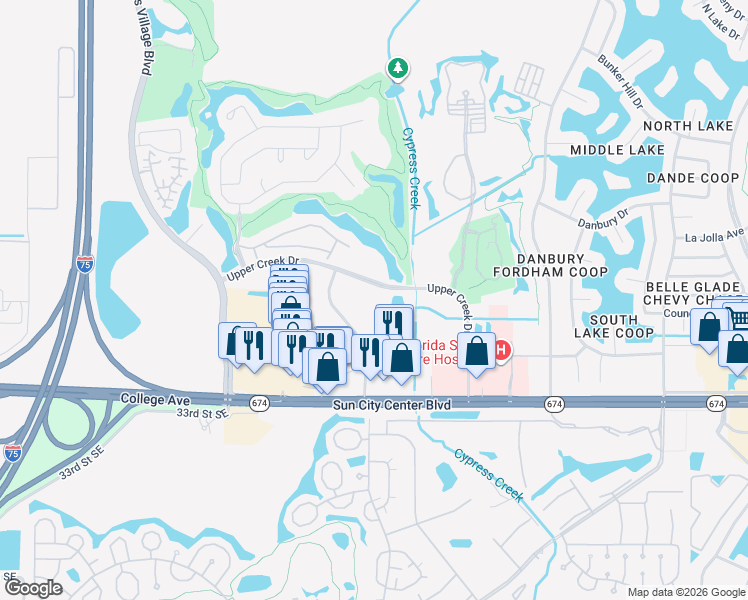 map of restaurants, bars, coffee shops, grocery stores, and more near 3855 Upper Creek Drive in Sun City Center