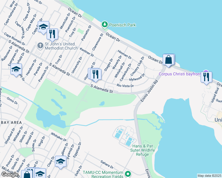 map of restaurants, bars, coffee shops, grocery stores, and more near 5818 South Alameda Street in Corpus Christi