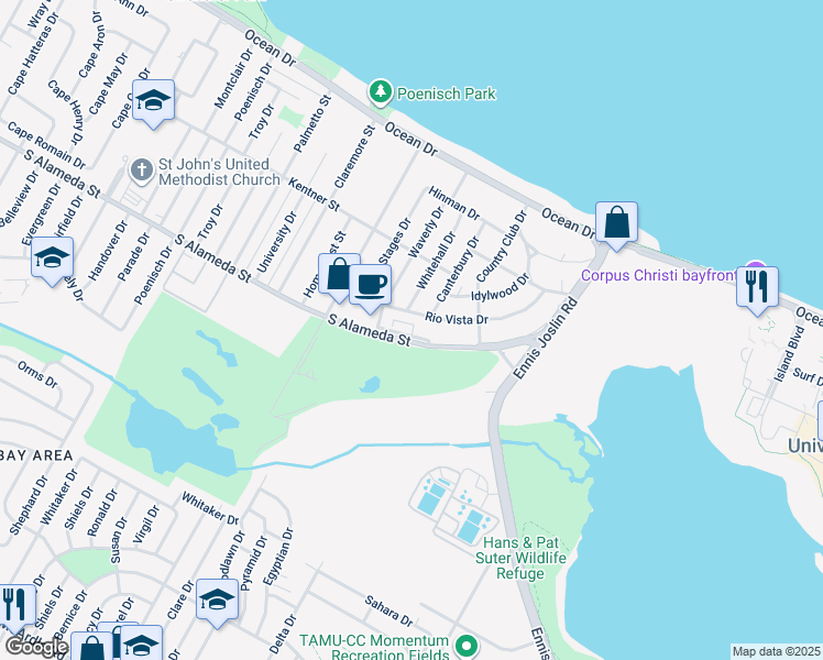 map of restaurants, bars, coffee shops, grocery stores, and more near 5818 South Alameda Street in Corpus Christi