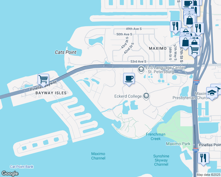 map of restaurants, bars, coffee shops, grocery stores, and more near 16A Franklin Court South in St. Petersburg