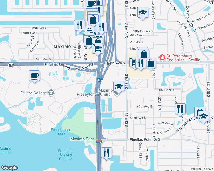 map of restaurants, bars, coffee shops, grocery stores, and more near 5821 32nd Way South in St. Petersburg