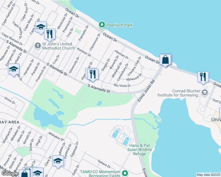 map of restaurants, bars, coffee shops, grocery stores, and more near 5818 South Alameda Street in Corpus Christi