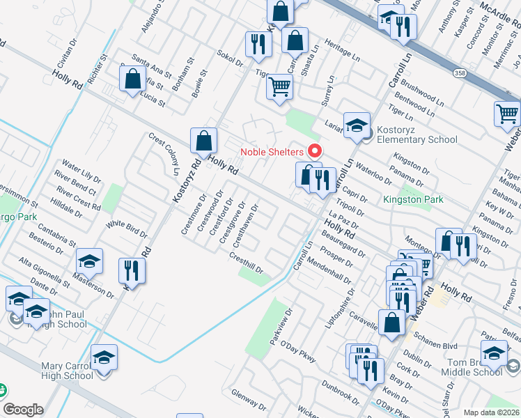 map of restaurants, bars, coffee shops, grocery stores, and more near 5726 Crest Forest Drive in Corpus Christi