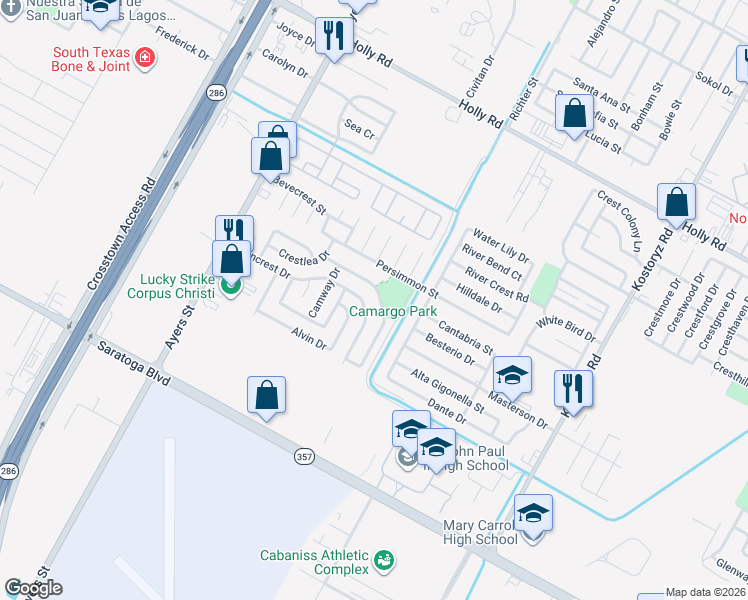 map of restaurants, bars, coffee shops, grocery stores, and more near 2714 Camargo Drive in Corpus Christi