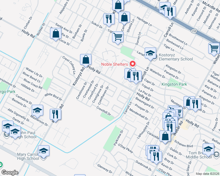 map of restaurants, bars, coffee shops, grocery stores, and more near 5726 Crest Forest Drive in Corpus Christi