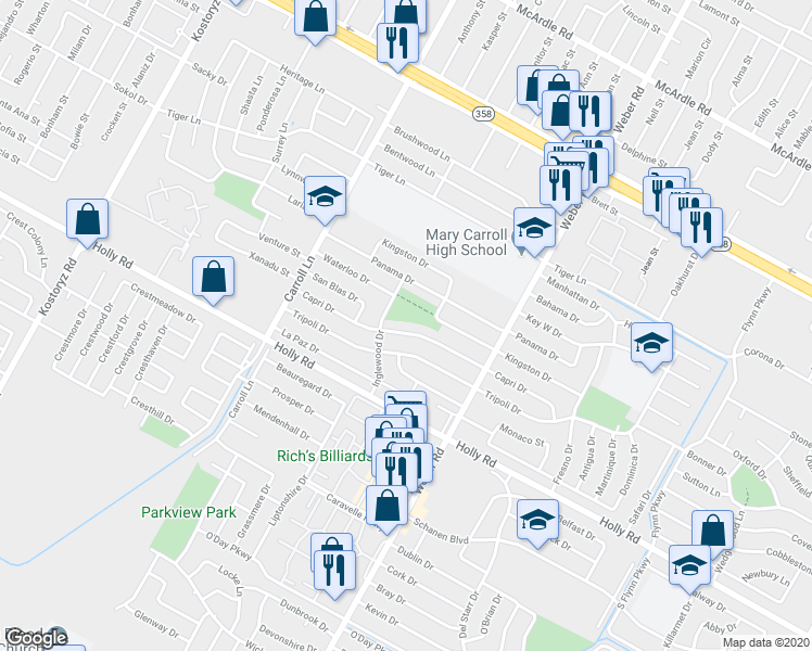 map of restaurants, bars, coffee shops, grocery stores, and more near 3818 Capri Drive in Corpus Christi