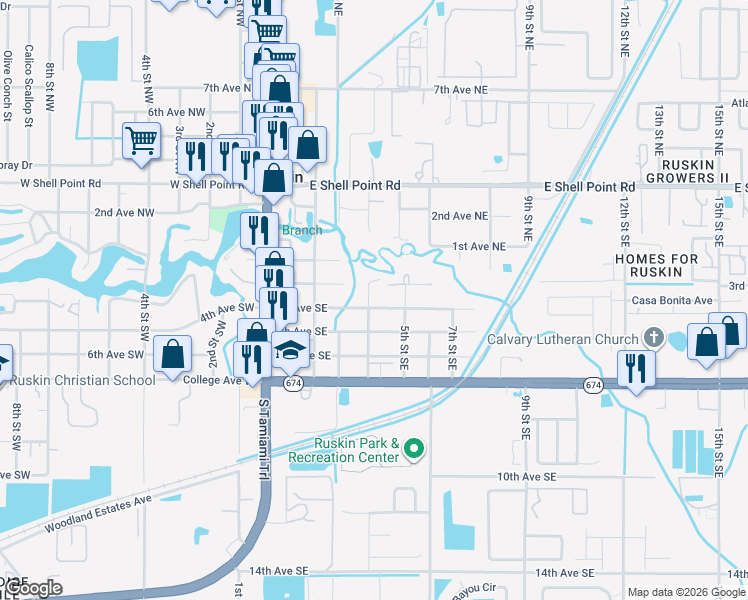 map of restaurants, bars, coffee shops, grocery stores, and more near 308 4th Street Southeast in Ruskin
